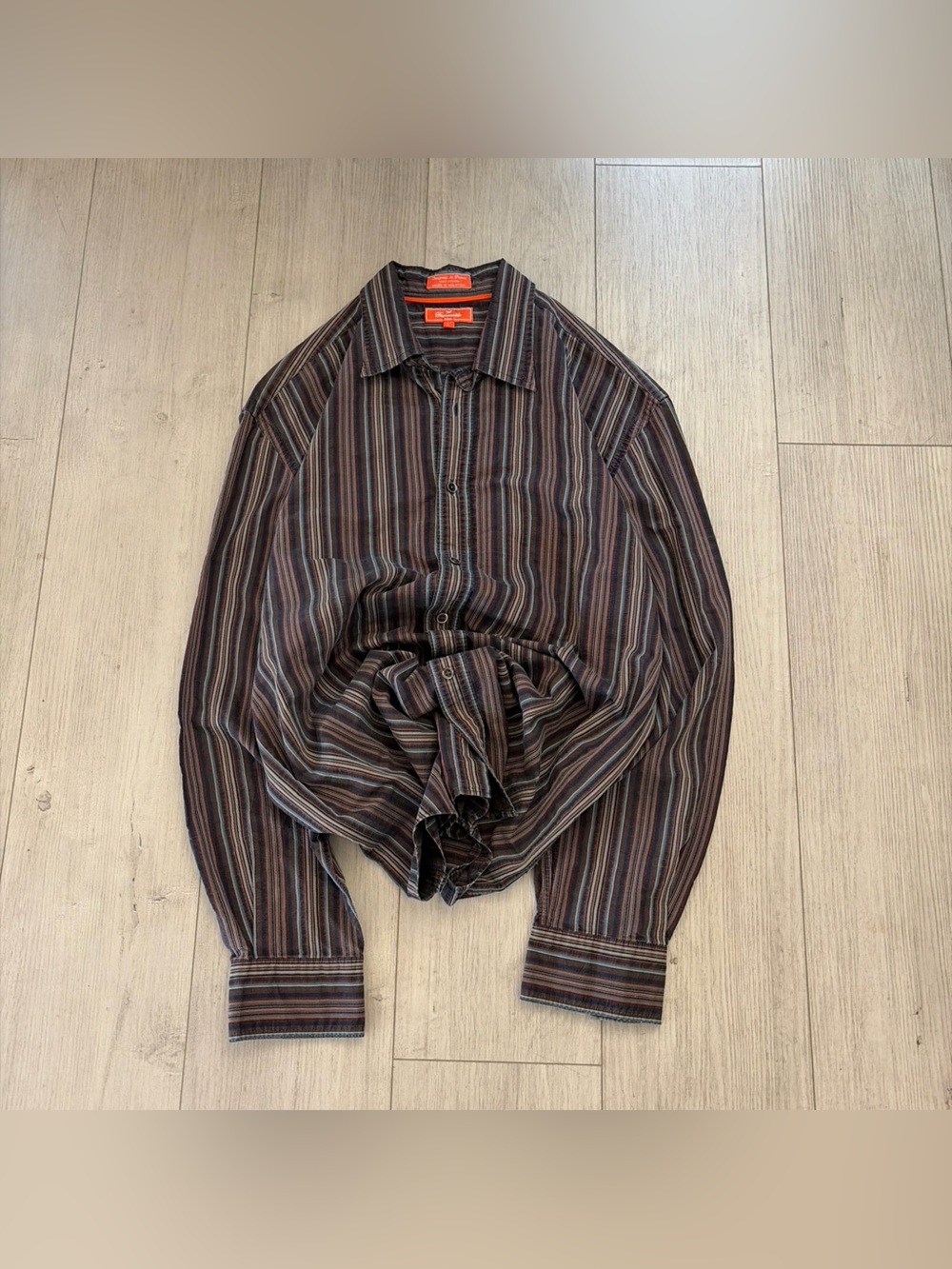 Vintage Men's Brown Multi-Stripe Button-Down Shirt